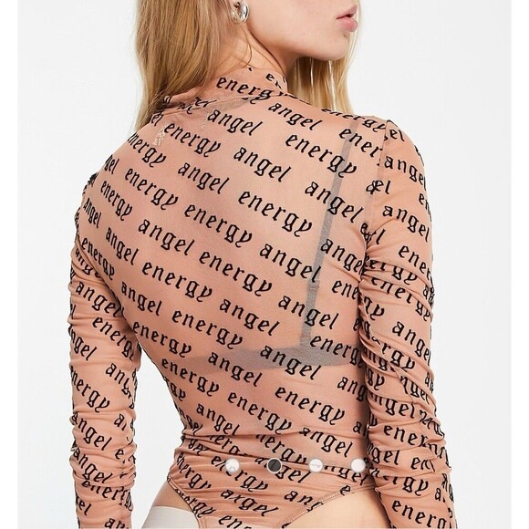 ASOS DESIGN angel energy flocked bodysuit in camel Size 8 - Picture 3 of 16